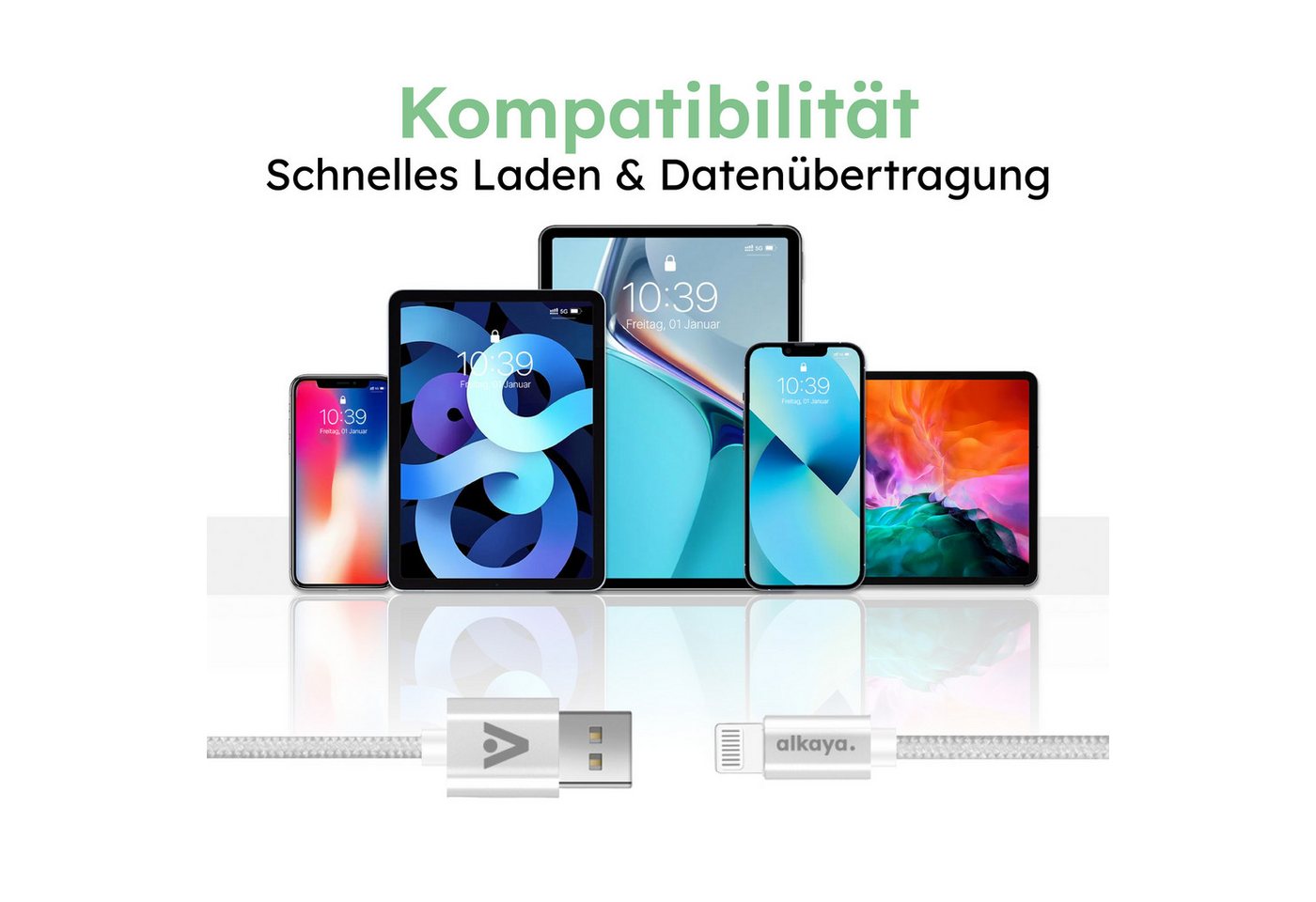 alkaya. iPhone 11, 12, 13, 14 Ladekabel USB-A Lightning Lightningkabel, Datenkabel geflochten schwarz - 1m/12W