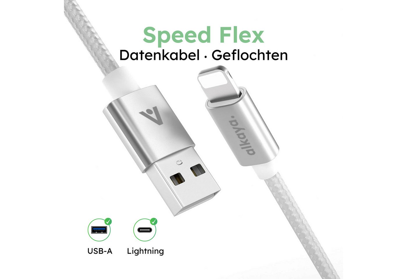 alkaya. iPhone 11, 12, 13, 14 Ladekabel USB-A Lightning Lightningkabel, Datenkabel geflochten schwarz - 1m/12W Bild 3