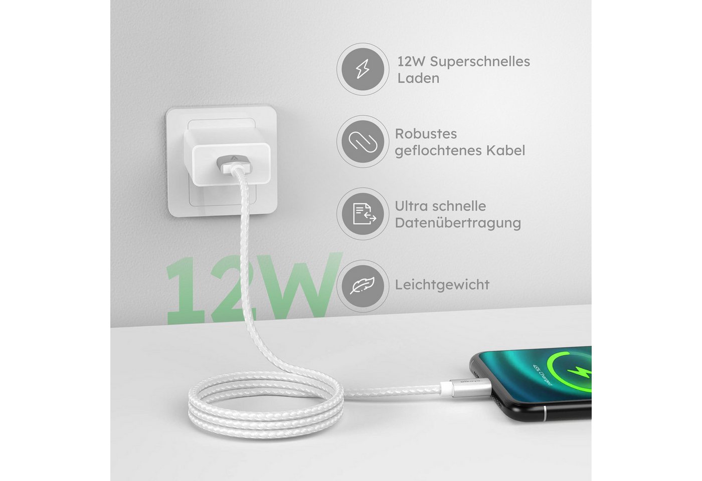 alkaya. iPhone 11, 12, 13, 14 Ladekabel USB-A Lightning Lightningkabel, Datenkabel geflochten schwarz - 1m/12W Bild 4
