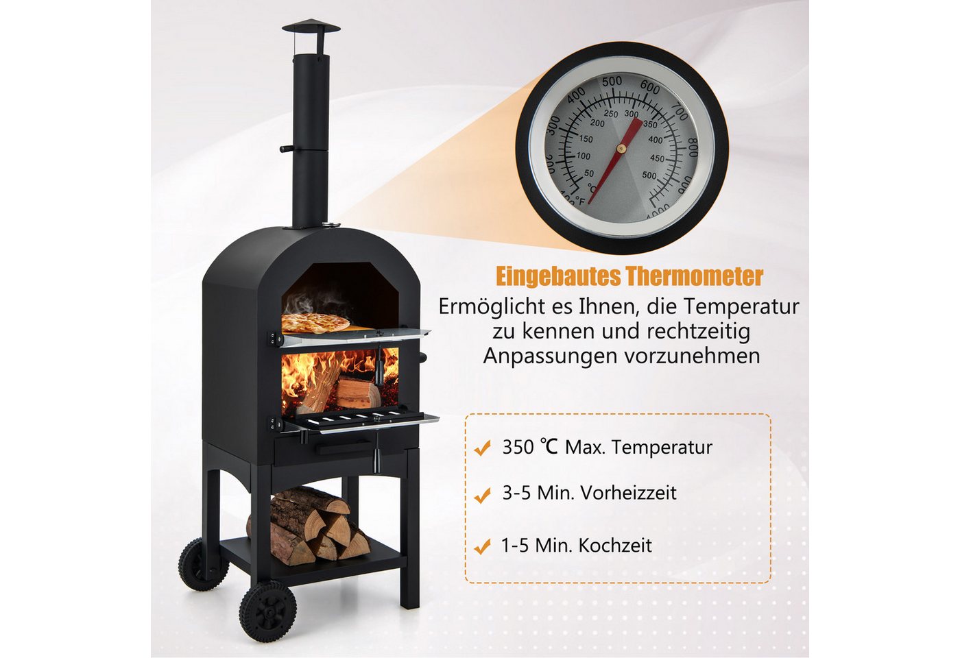 KOMFOTTEU Pizzaofen, mobiler Holzofen Garten mit Griff, Rädern