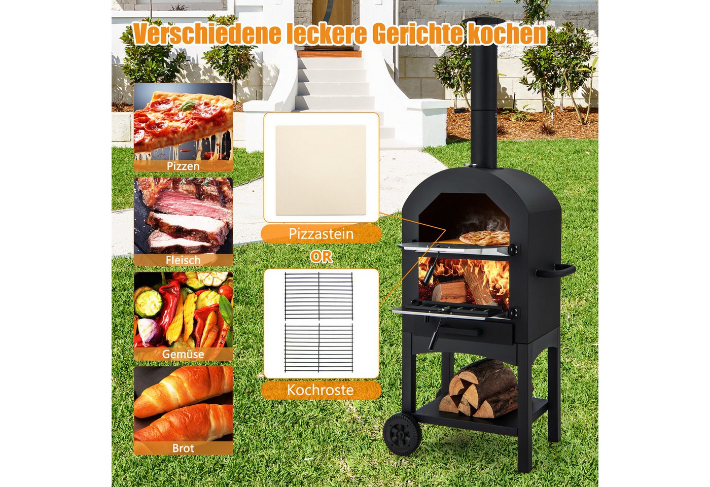 KOMFOTTEU Pizzaofen, mobiler Holzofen Garten mit Griff, Rädern Bild 3