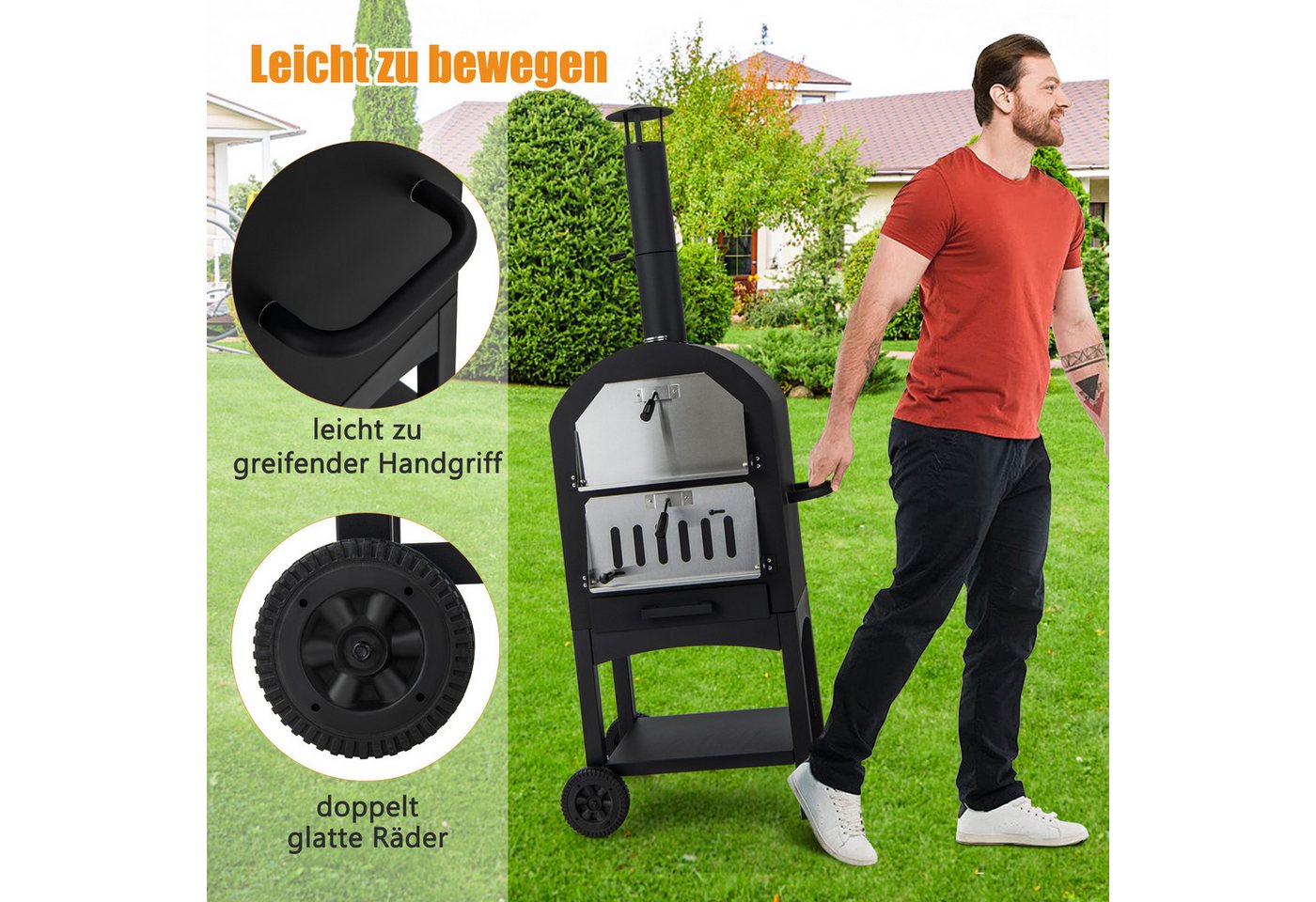 KOMFOTTEU Pizzaofen, mobiler Holzofen Garten mit Griff, Rädern Bild 5