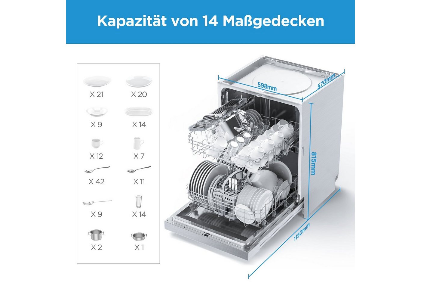 Midea Unterbaugeschirrspüler MDWEU1435XSS-W, 14 Maßgedecke, Unterbau-Geschirrspüler mit WiFi, Extra Trocknung