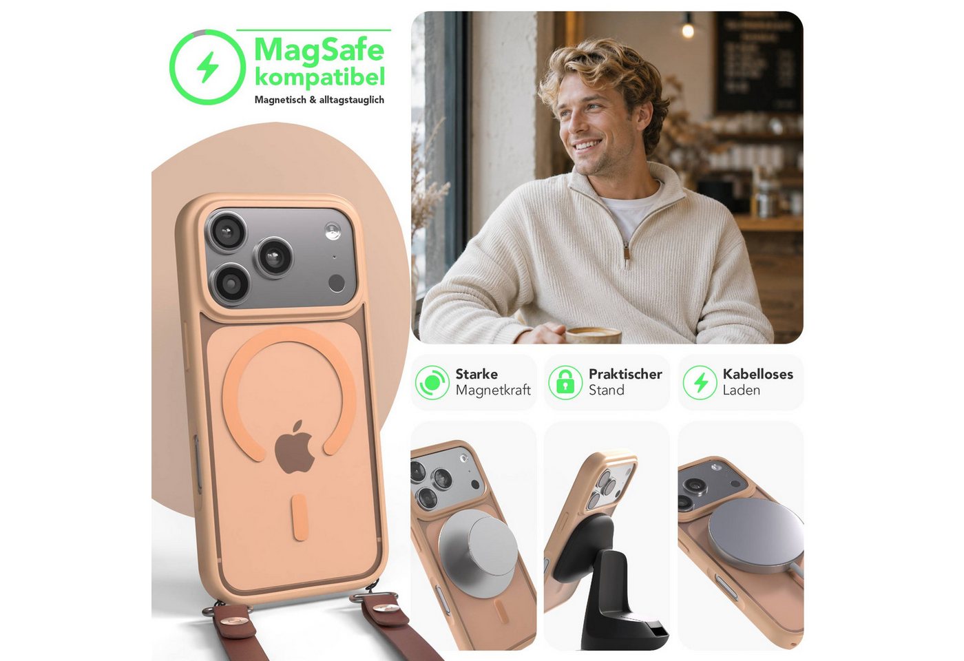 EAZY CASE Handykette Outdoor Case MagSafe Handyband für Apple iPhone 17 Pro 6,3 Zoll, Crossbody Handyhülle mit MagSafe und magnetisch verstellbarem Band