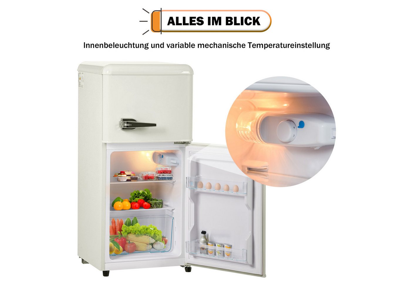 Blossom Kühl-/Gefrierkombination BCD-86, 88.8 cm hoch, 42 cm breit, Retro Kühlschrank mit LED-Beleuchtung, 22 L Gefrierfach, 88,8 cm Höhe