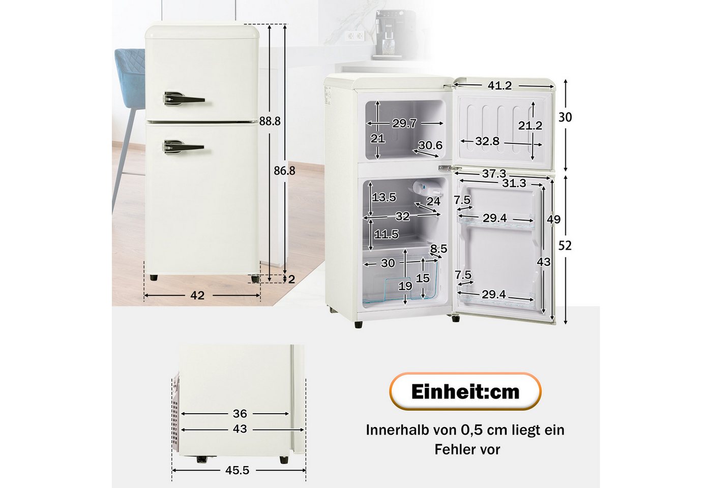 Blossom Kühl-/Gefrierkombination BCD-86, 88.8 cm hoch, 42 cm breit, Retro Kühlschrank mit LED-Beleuchtung, 22 L Gefrierfach, 88,8 cm Höhe Bild 2