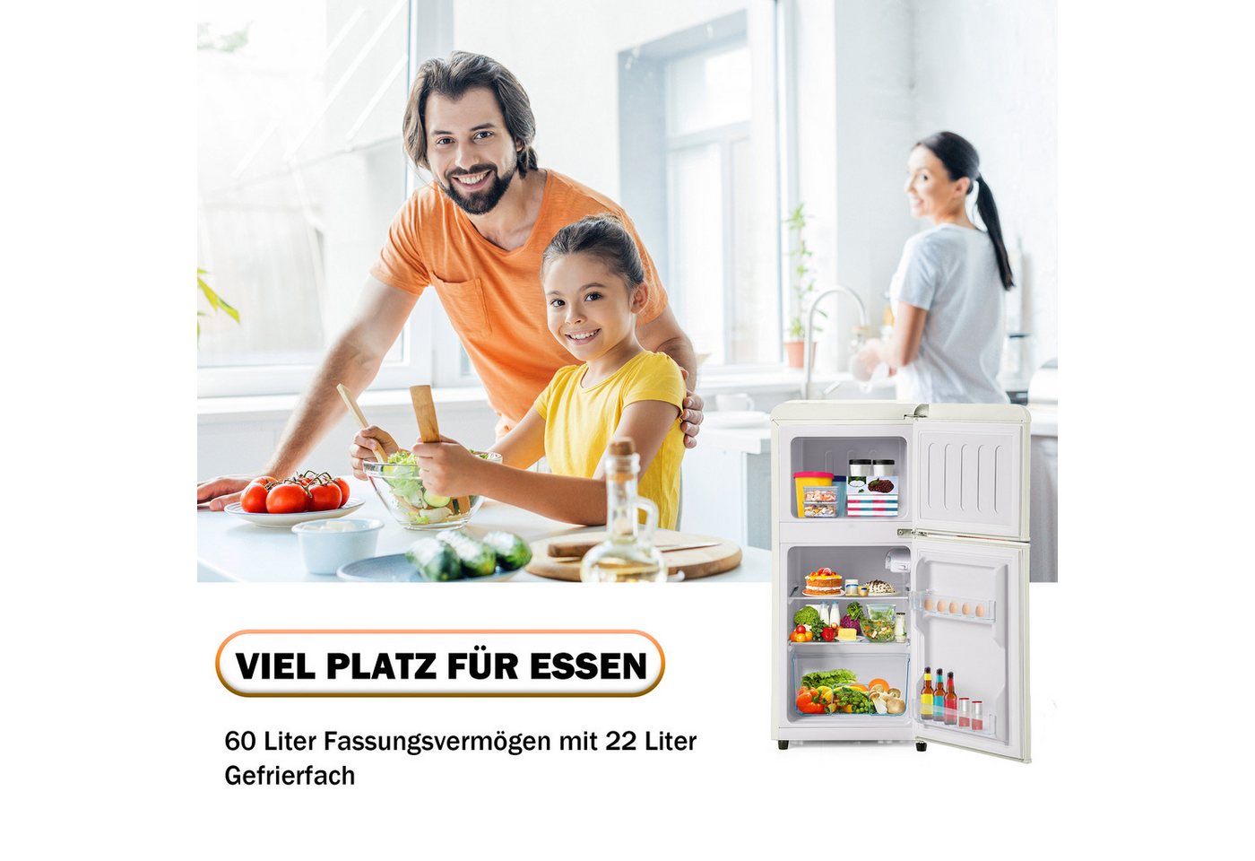Blossom Kühl-/Gefrierkombination BCD-86, 88.8 cm hoch, 42 cm breit, Retro Kühlschrank mit LED-Beleuchtung, 22 L Gefrierfach, 88,8 cm Höhe Bild 4