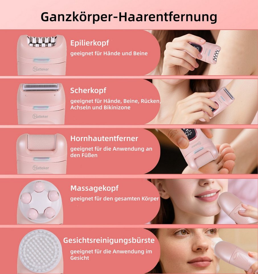 HATTEKER Epilierer HT-582, Aufsätze: 1 St., Gesichtsbürste, Damenrasierer, Hornhautentferner, mit 24-Pinzetten 5-in-1 Pink Bild 3