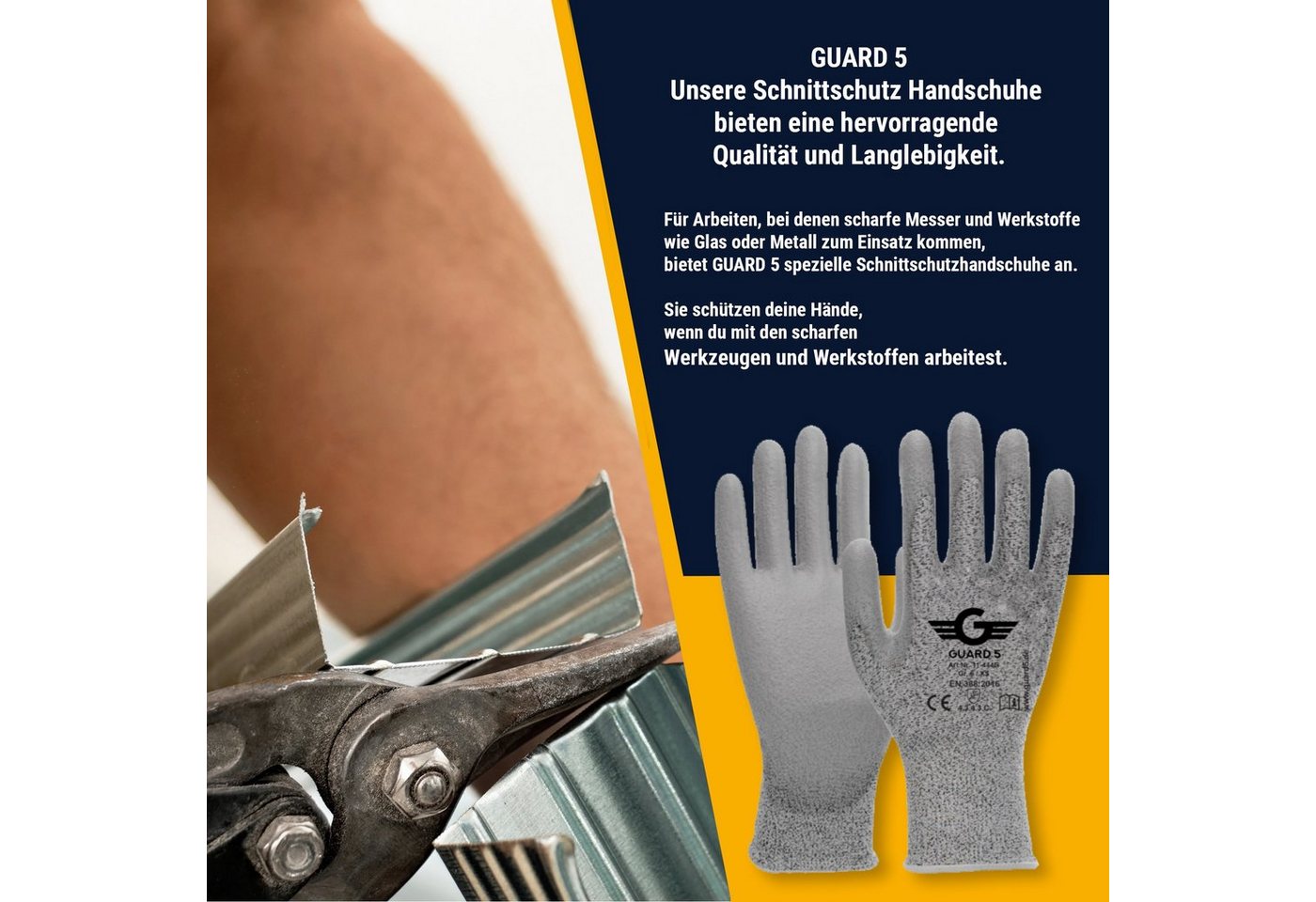 GUARD 5 Arbeitshandschuhe Schnittschutz - Schnittfeste Garten-Handschuhe Level 3 - (Art.11444G) (5-St) Sicherer Griff durch PU-Beschichtung in den Handinnenflächen