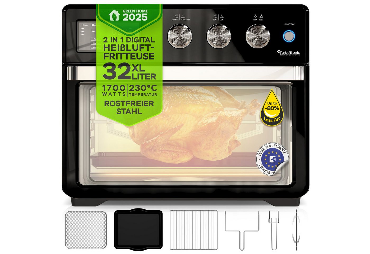 TurboTronic by Z-Line Minibackofen 1700 W 32 l Mini Backofen mit Airfryer Umluft Drehspieß Pizzaofen, Tischbackofen, kleiner Backofen, Heißluftfritteuse, Toaster, Dörrer