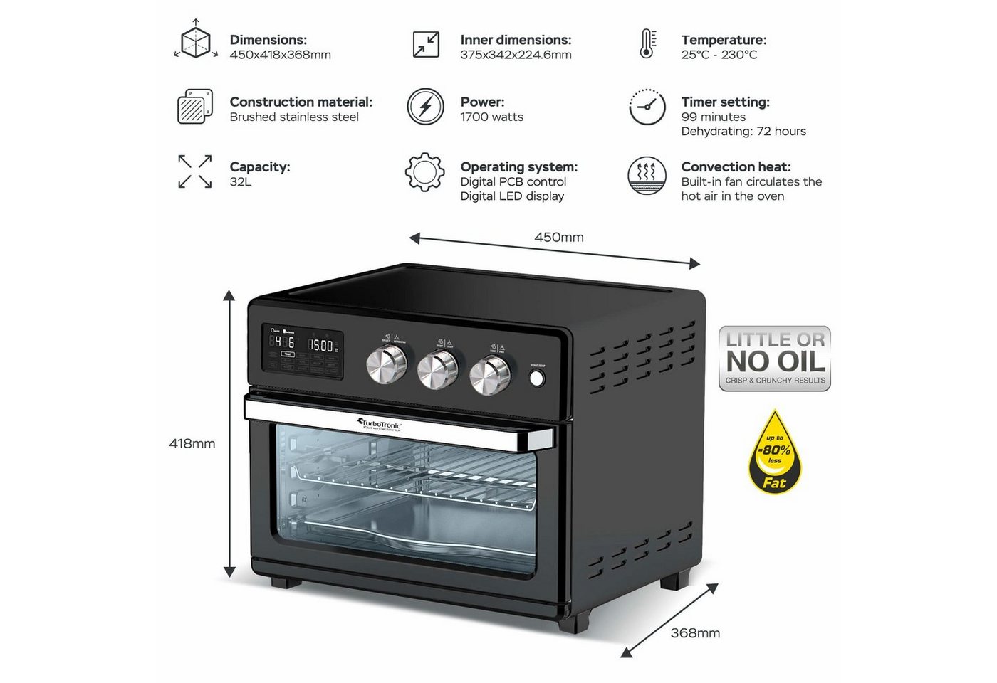 TurboTronic by Z-Line Minibackofen 1700 W 32 l Mini Backofen mit Airfryer Umluft Drehspieß Pizzaofen, Tischbackofen, kleiner Backofen, Heißluftfritteuse, Toaster, Dörrer Bild 5