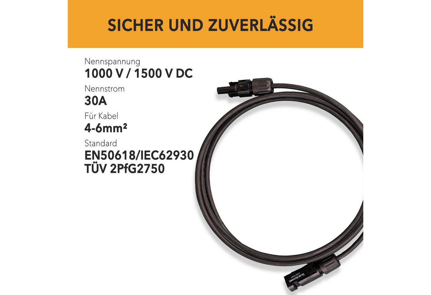 enjoy solar HISkon® 4mm²/6mm² Verlängerungskabel MC4 auf MC4 Stecker 1m-10m Verlängerungskabel, MC4-Stecker, (500 cm), 1 MC4 männlich + 1x MC4 weiblich je Ader, Plug-and-Play-Design