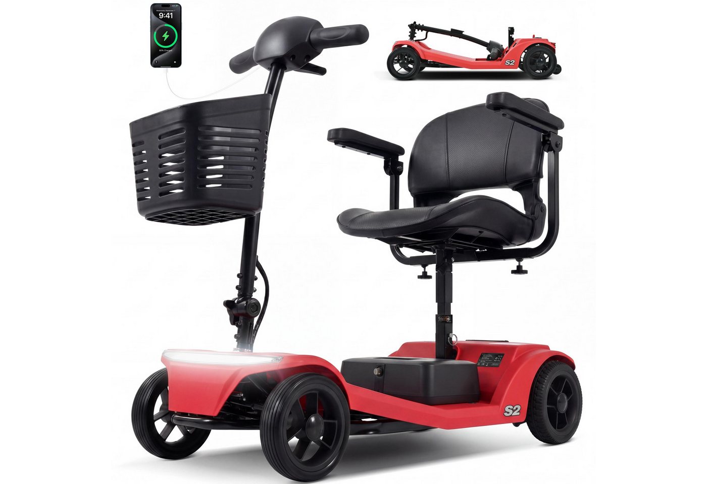 LVHOM Elektromobil faltbar Seniorenmobil, 4-Rad-Elektroroller, Rw. 20km, 12Ah, 250 W, 6 km/h, (abnehmbar Blei-Säure-Ionen Batterie + Handy-Ladeanschluss + vorderer Aufbewahrungskorb + abnehmbar/atmungsaktiv/höhenverstellbarer Sitz + verstellbarer Lenker + XXL-Fußraum), 150 kg Tr.Kr. Gesamtgewicht: 37kg
