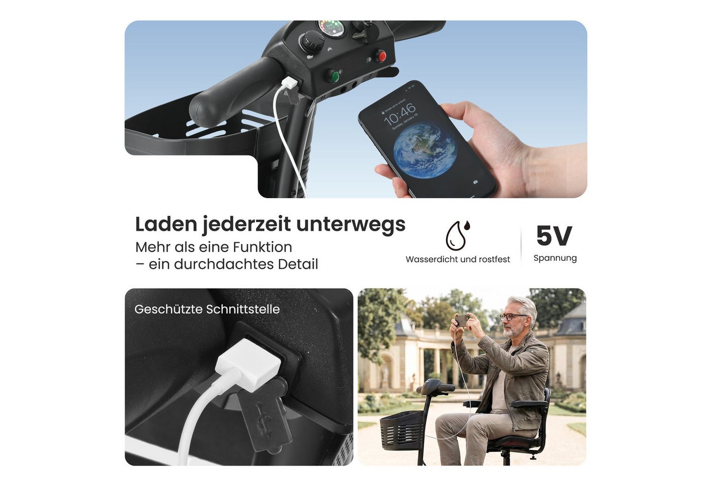 LVHOM Elektromobil faltbar Seniorenmobil, 4-Rad-Elektroroller, Rw. 20km, 12Ah, 250 W, 6 km/h, (abnehmbar Blei-Säure-Ionen Batterie + Handy-Ladeanschluss + vorderer Aufbewahrungskorb + abnehmbar/atmungsaktiv/höhenverstellbarer Sitz + verstellbarer Lenker + XXL-Fußraum), 150 kg Tr.Kr. Gesamtgewicht: 37kg Bild 3