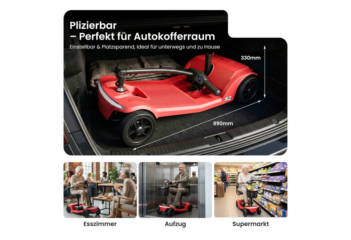 LVHOM Elektromobil faltbar Seniorenmobil, 4-Rad-Elektroroller, Rw. 20km, 12Ah, 250 W, 6 km/h, (abnehmbar Blei-Säure-Ionen Batterie + Handy-Ladeanschluss + vorderer Aufbewahrungskorb + abnehmbar/atmungsaktiv/höhenverstellbarer Sitz + verstellbarer Lenker + XXL-Fußraum), 150 kg Tr.Kr. Gesamtgewicht: 37kg Bild 4