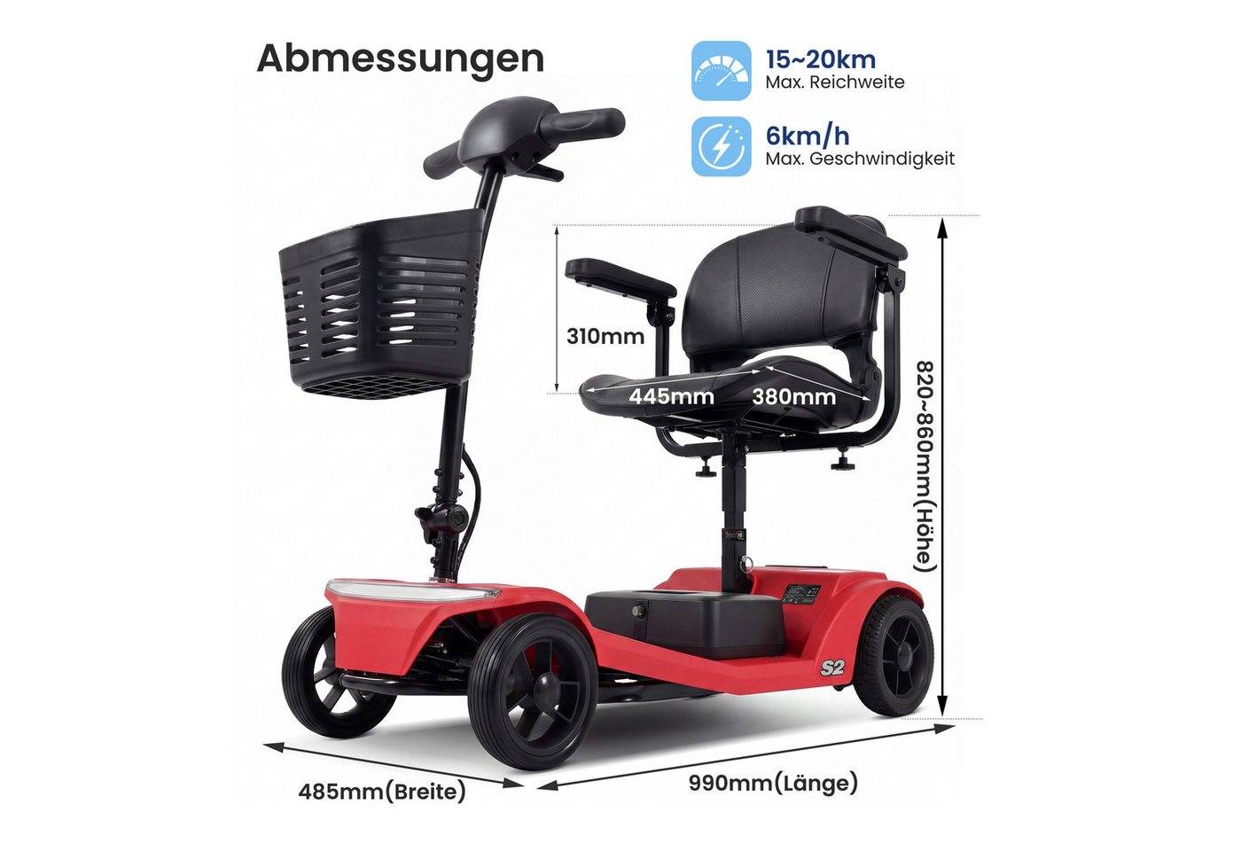 LVHOM Elektromobil faltbar Seniorenmobil, 4-Rad-Elektroroller, Rw. 20km, 12Ah, 250 W, 6 km/h, (abnehmbar Blei-Säure-Ionen Batterie + Handy-Ladeanschluss + vorderer Aufbewahrungskorb + abnehmbar/atmungsaktiv/höhenverstellbarer Sitz + verstellbarer Lenker + XXL-Fußraum), 150 kg Tr.Kr. Gesamtgewicht: 37kg Bild 5