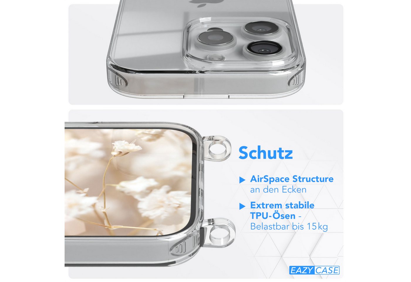 EAZY CASE Handykette Silikonhülle mit Kette für Apple iPhone 16 Pro 6,3 Zoll, Body Bag Leo Wechselband Ersatzgurt klare Hülle Silicon Schwarz Beige Bild 4