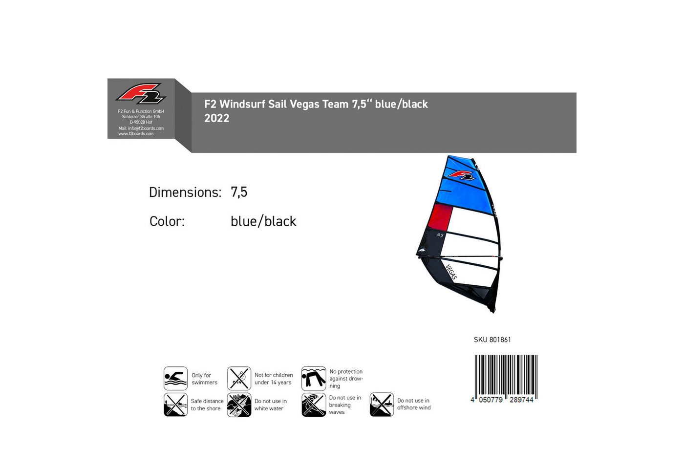 F2 Surfsegel F2 Sale Windsurf Segel Vegas Team 7,5qm Blau/Schwarz Modell 2022 NEU