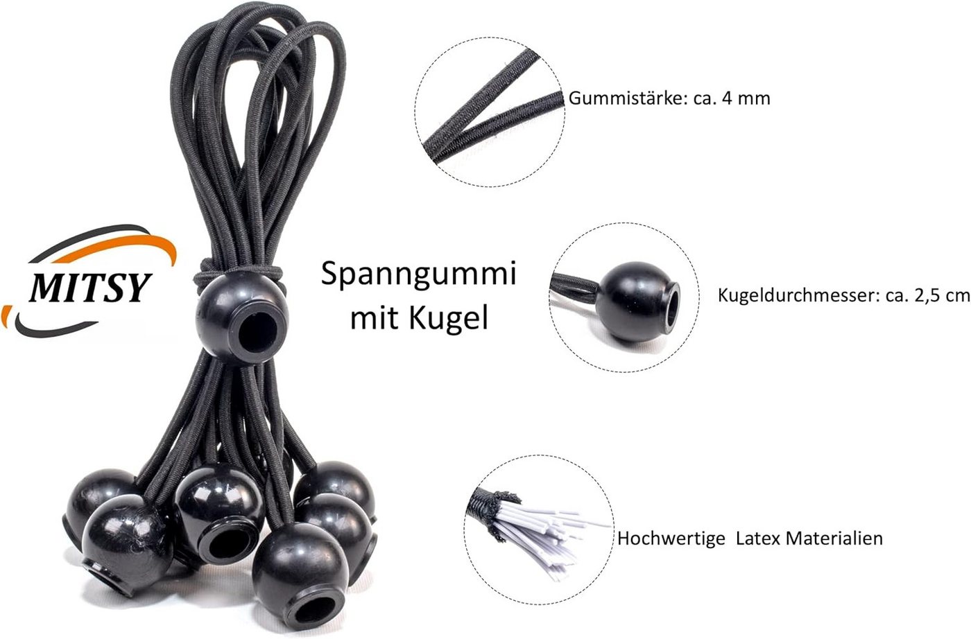 MITSY Spanngurt Spanngummis mit Kugel 15 cm - 20 cm Expanderseil für Planen und Zelte Hohe Spannkraft, Wetterfest, Langlebig, Einfache Befestigung, Robust