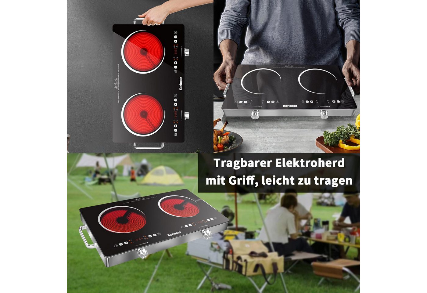 Karinear Induktions-Kochfeld Kochplatten 2er Elektrisch mit Stecker, 3200W 2 Kochfelder, 240V