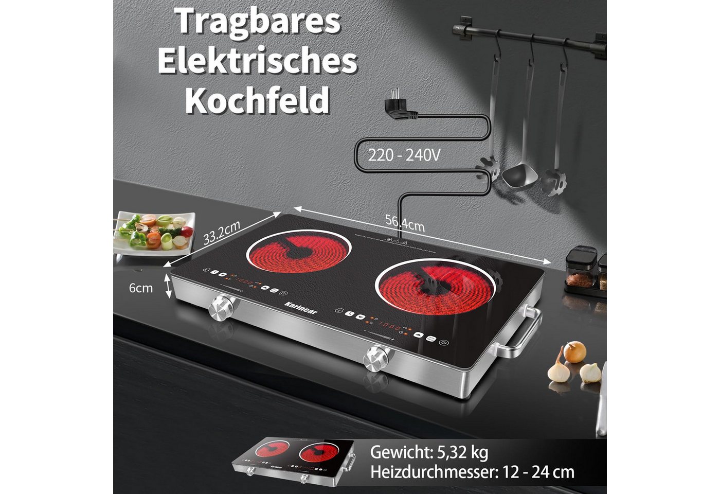 Karinear Induktions-Kochfeld Kochplatten 2er Elektrisch mit Stecker, 3200W 2 Kochfelder, 240V Bild 2