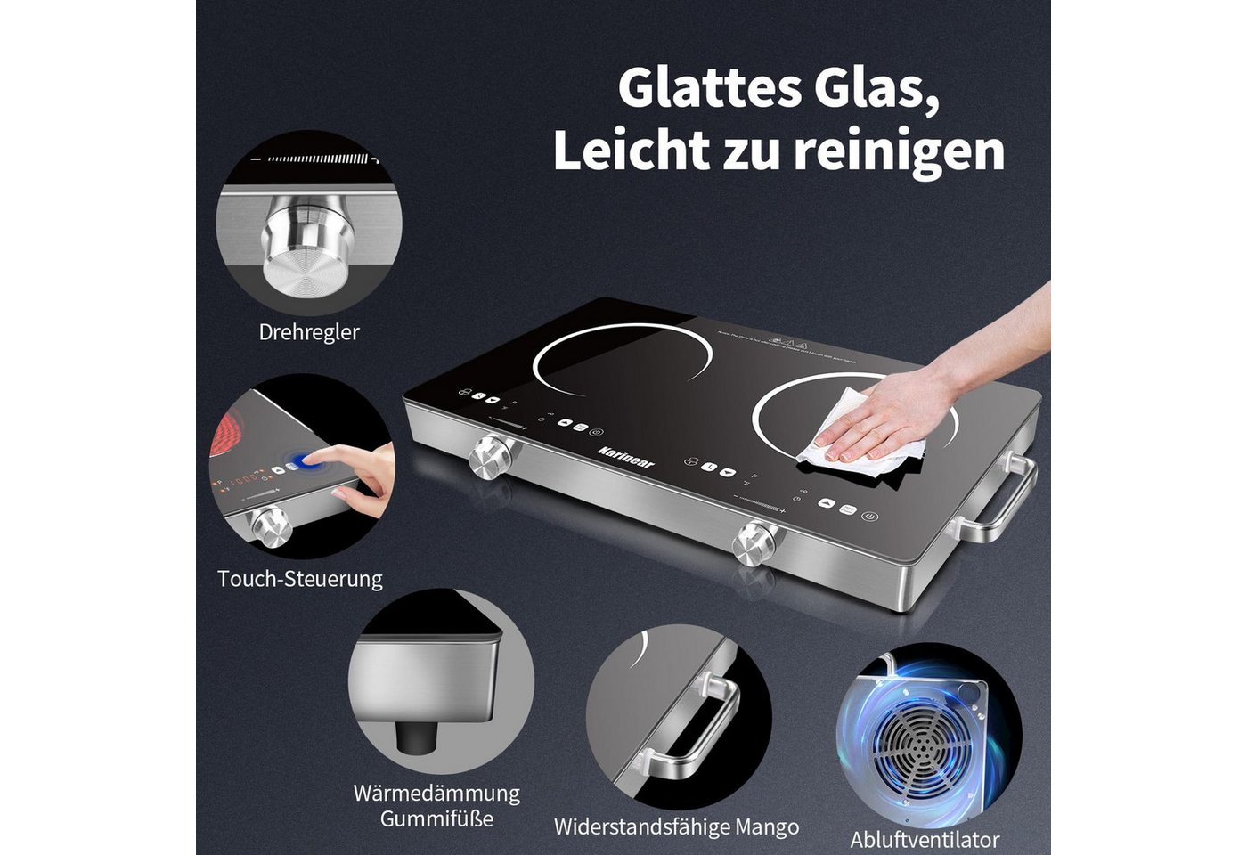 Karinear Induktions-Kochfeld Kochplatten 2er Elektrisch mit Stecker, 3200W 2 Kochfelder, 240V Bild 3