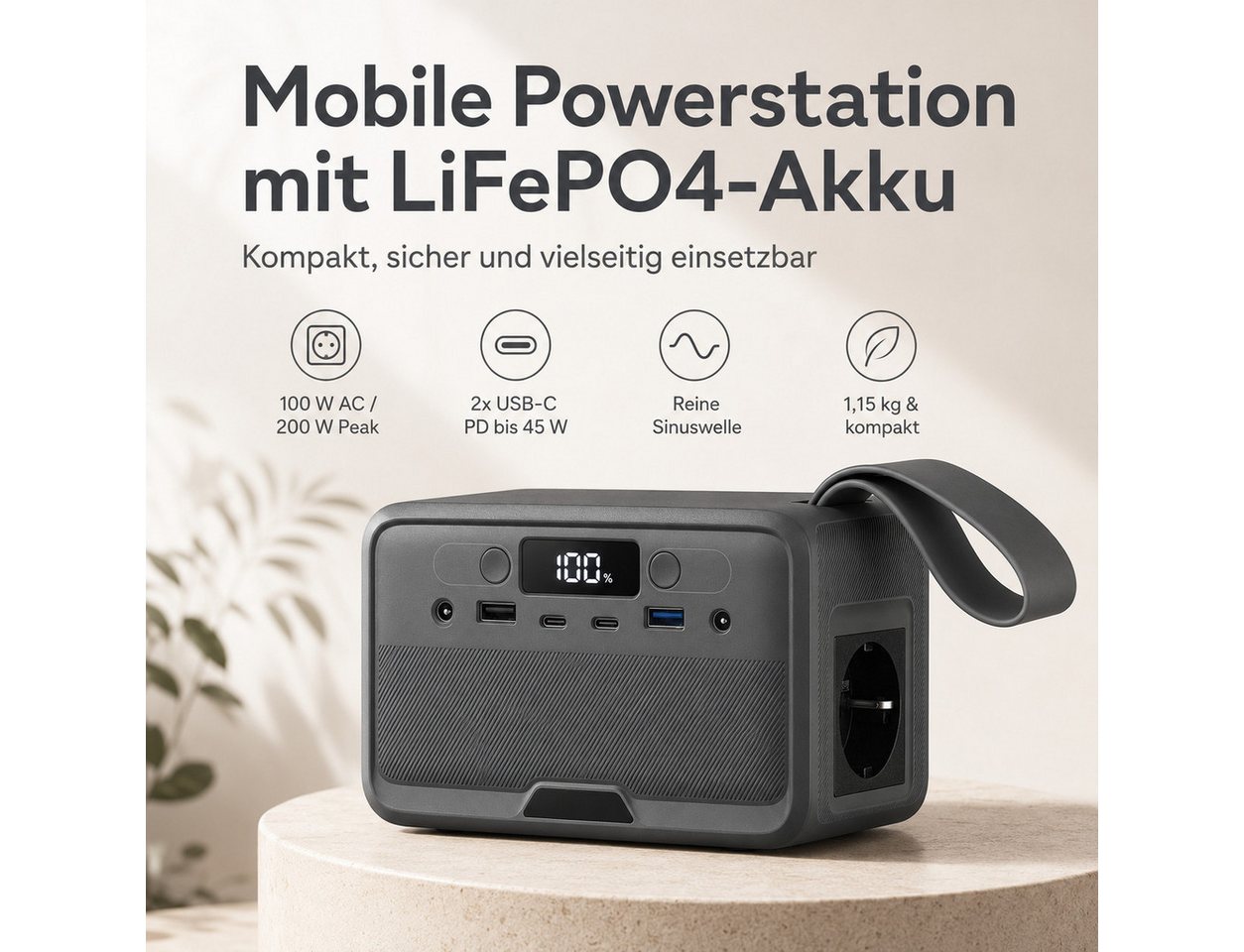 Goldstern-Tech Powerstation 89,6 Wh LiFePO4-Akku Tragbarer Stromspeicher (12 V), 200 W Spitzenleistung, 2x USB-C, LED-Licht