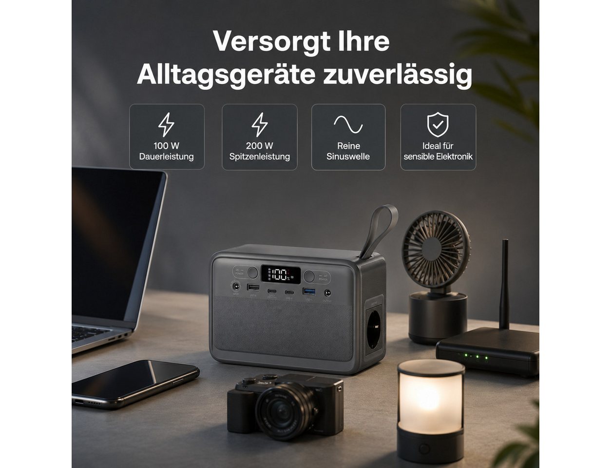 Goldstern-Tech Powerstation 89,6 Wh LiFePO4-Akku Tragbarer Stromspeicher (12 V), 200 W Spitzenleistung, 2x USB-C, LED-Licht Bild 3