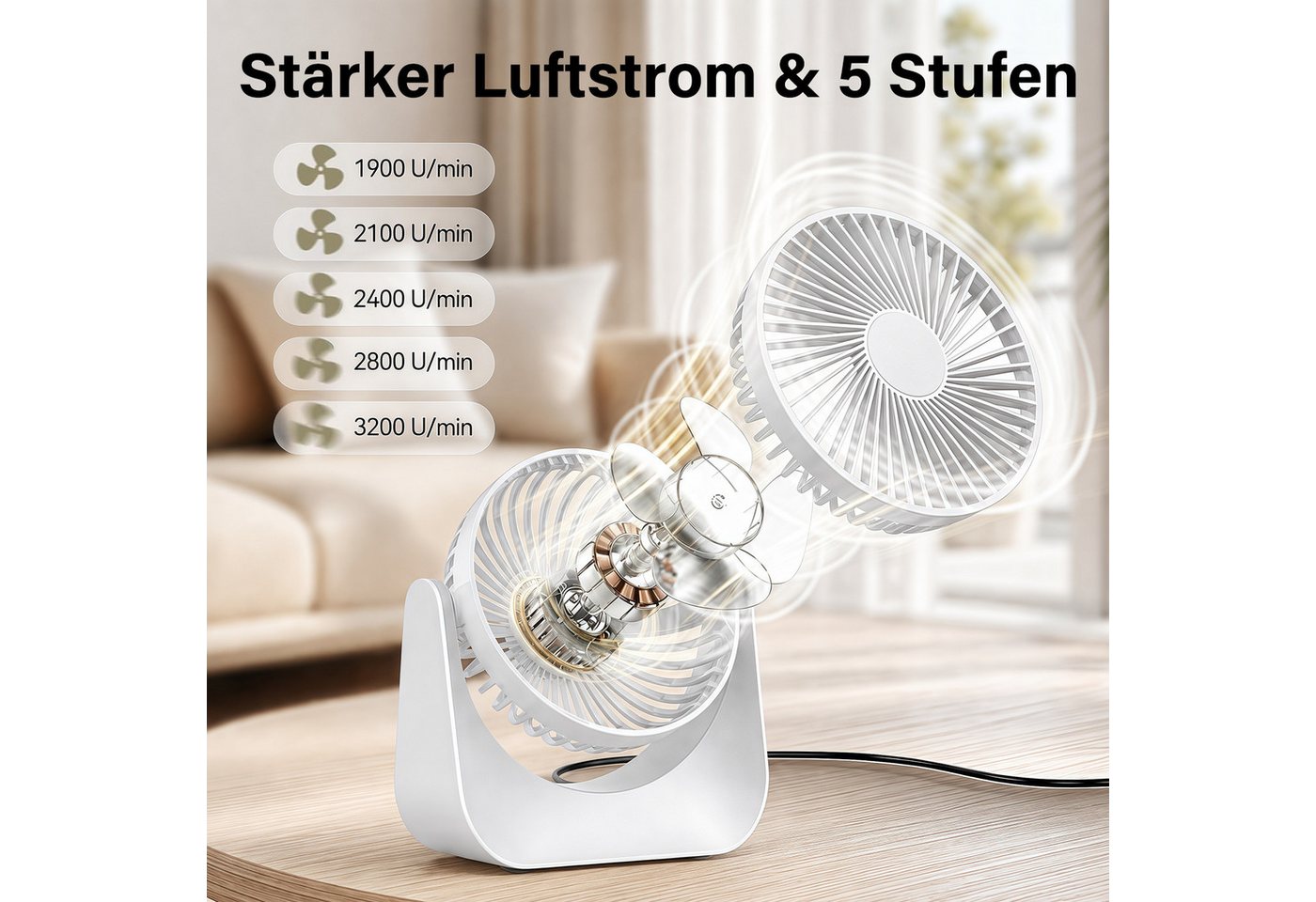 MOPUEA Tischturmventilator Tischventilator Akku Leise Mini Ventilator Weiss 3 Stufen USB, Tischventilator 3 Windstufen Standventilator Luftzirkulation