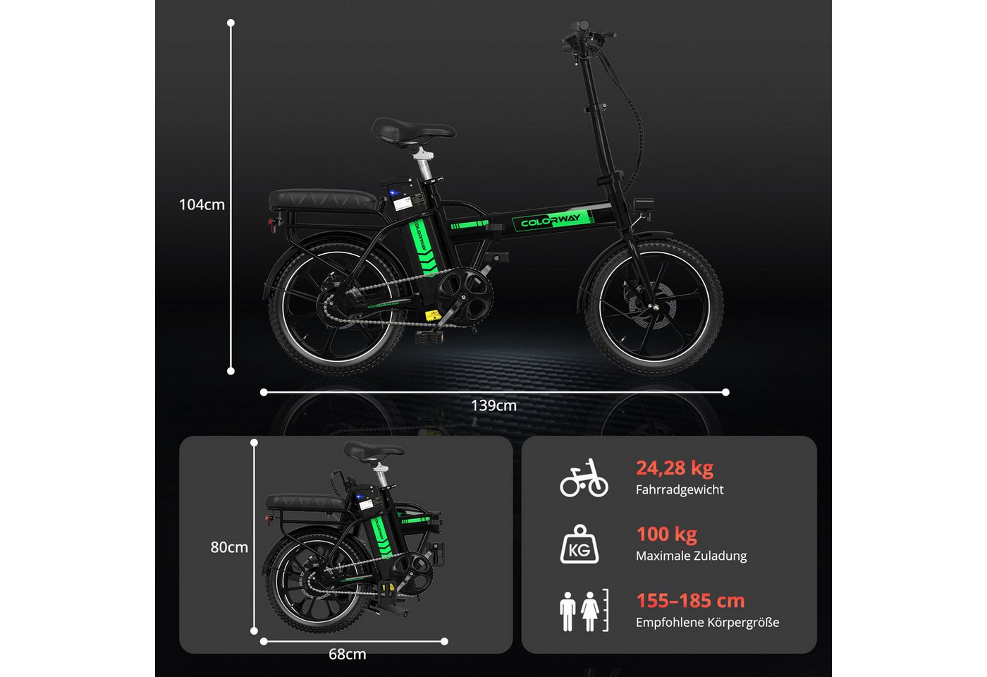 COLORWAY E-Bike Cityrad Pedelec Klapprad 16 Zoll 432Wh,bis zu 60 km, 250W Motor, Damen/Herren, 1 Gang, Kettenschaltung, Heckmotor, 432 Wh, Falt-E-Bike Erwachsene, 250W, Tretunterstützung – kompaktes Cityrad Bild 3