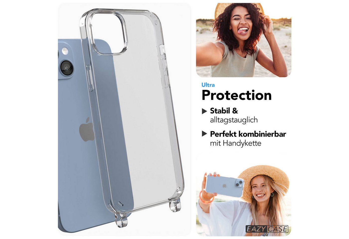 EAZY CASE Handykette Handyhülle für Handyketten mit Befestigungsösen für iPhone Modelle 6,7 Zoll, Hülle für Handykette, Transparent mit Ösen für Apple iPhone 14 Plus