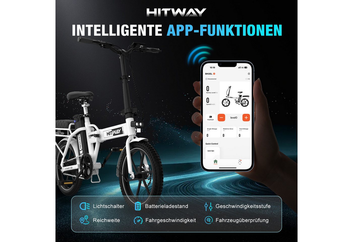 HITWAY E-Bike Cityrad Faltrad 16 Zoll, 468Wh Akku, bis 100 km Elektrofahrrad Pedelec, 1 Gang, Kettenschaltung, Heckmotor, 468 Wh, faltbares Citybike mit App & Gepäckträger Bild 2