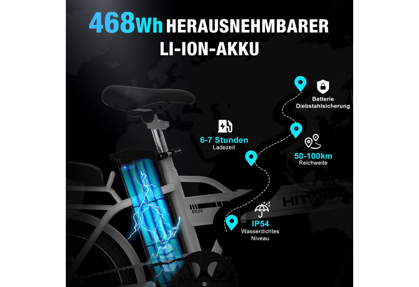 HITWAY E-Bike Cityrad Faltrad 16 Zoll, 468Wh Akku, bis 100 km Elektrofahrrad Pedelec, 1 Gang, Kettenschaltung, Heckmotor, 468 Wh, faltbares Citybike mit App & Gepäckträger Bild 3