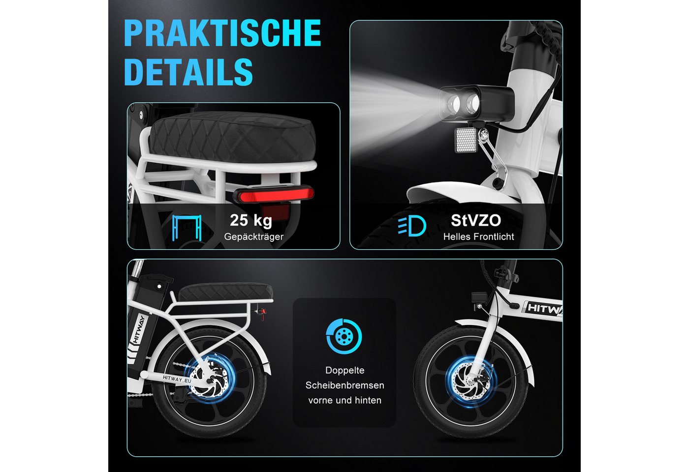 HITWAY E-Bike Cityrad Faltrad 16 Zoll, 468Wh Akku, bis 100 km Elektrofahrrad Pedelec, 1 Gang, Kettenschaltung, Heckmotor, 468 Wh, faltbares Citybike mit App & Gepäckträger Bild 4
