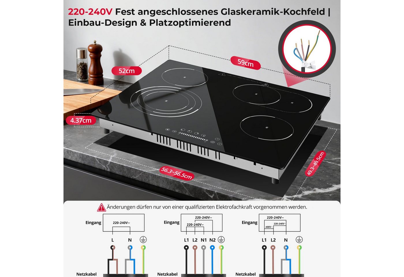 SNDOAS Elektro-Kochfeld, Glaskeramikkochfeld 4 Kochfelder 60cm, 6700W Einbau‑Herdplatte