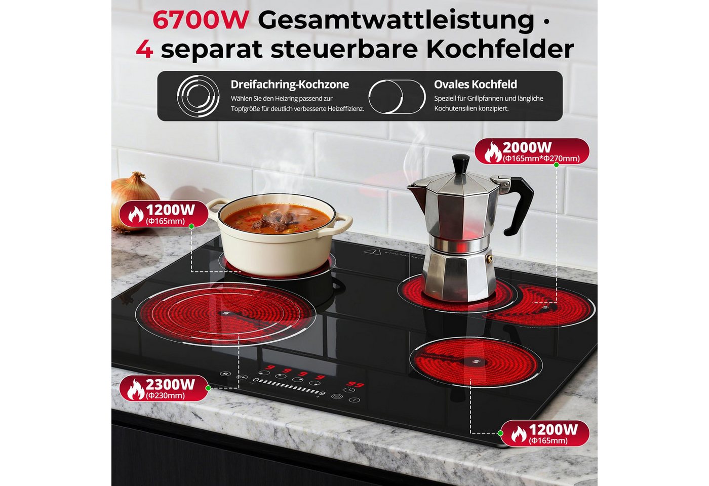 SNDOAS Elektro-Kochfeld, Glaskeramikkochfeld 4 Kochfelder 60cm, 6700W Einbau‑Herdplatte Bild 2