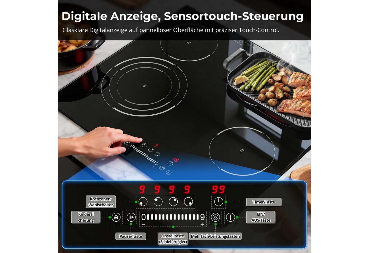 SNDOAS Elektro-Kochfeld, Glaskeramikkochfeld 4 Kochfelder 60cm, 6700W Einbau‑Herdplatte Bild 4