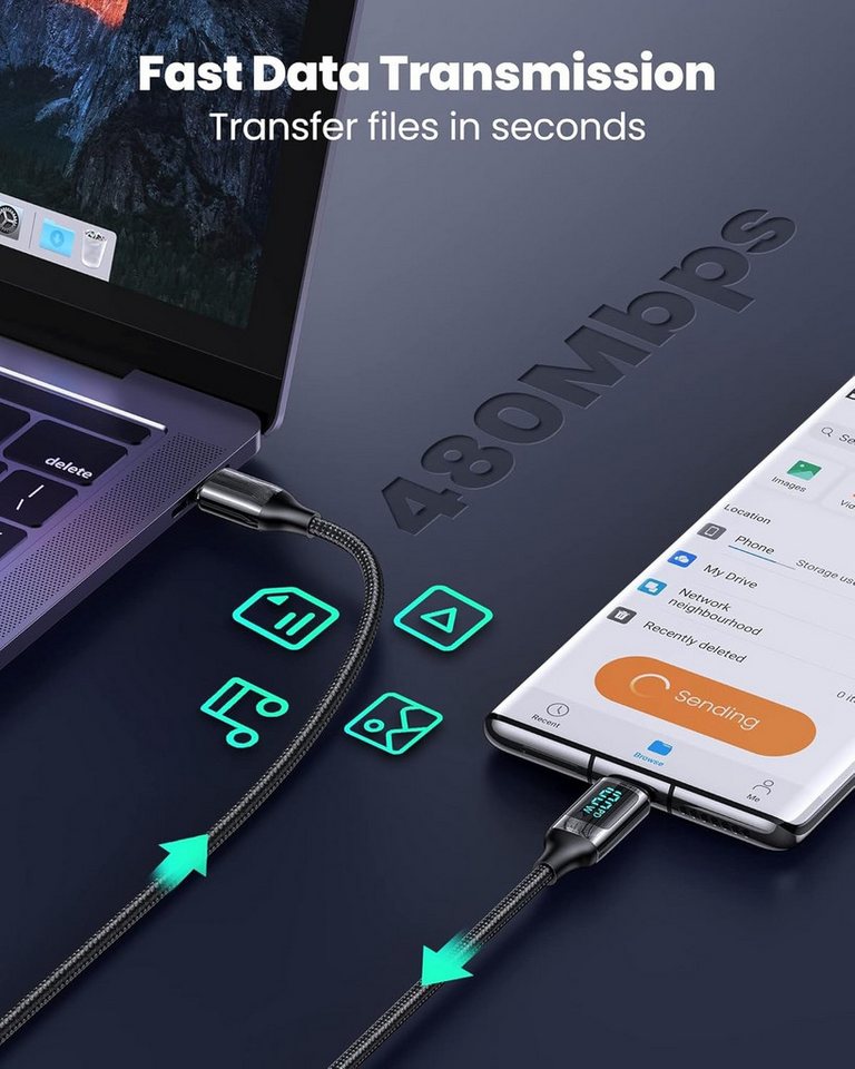 neue dawn 100W USB C Schnellladekabel Kabel 1,8m für MacBook iPad Samsung iPhone USB-Kabel, USB-C, USB-C (180 cm), für iPhone/iPad Pro Air/Macbook Pro Air/Samsung Galaxy Serie,Schwarz Bild 5