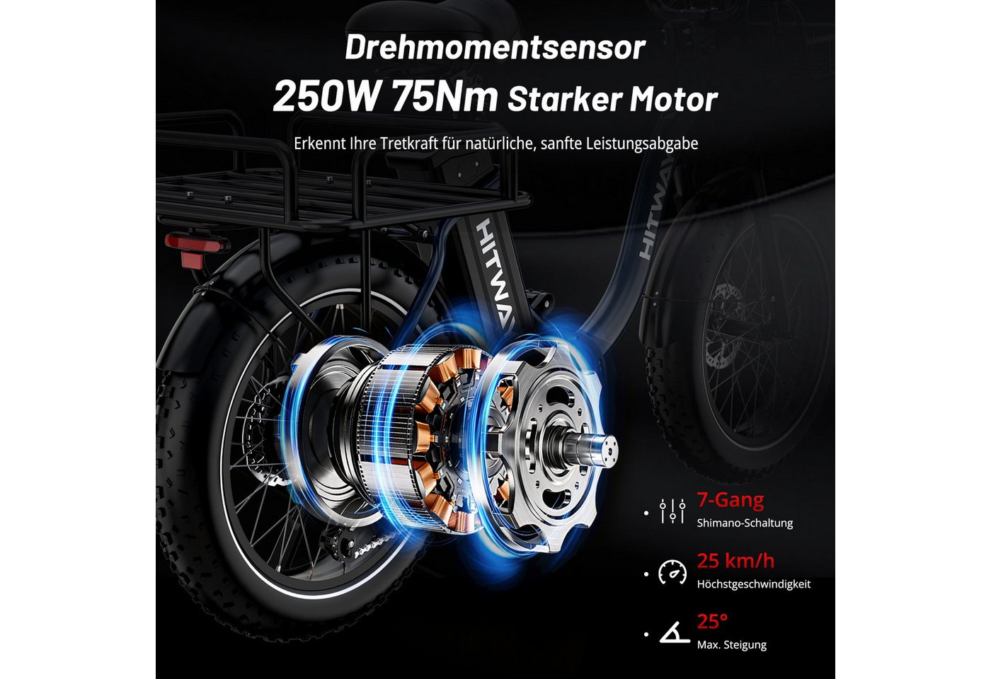 HITWAY E-Bike Cityrad Pedelec 20x4.0 48V 27Ah Drehmomentsensor, 7 Gang shimano, Kettenschaltung, Heckmotor, 1296 Wh, Bis zu 160 km, Hydr. Scheibenbremsen, Lockout-Federgabel, 7-Gang, Korb Bild 2