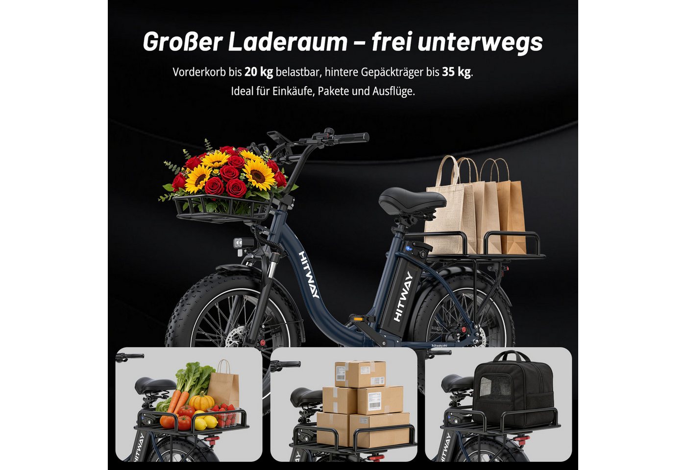 HITWAY E-Bike Cityrad Pedelec 20x4.0 48V 27Ah Drehmomentsensor, 7 Gang shimano, Kettenschaltung, Heckmotor, 1296 Wh, Bis zu 160 km, Hydr. Scheibenbremsen, Lockout-Federgabel, 7-Gang, Korb Bild 4