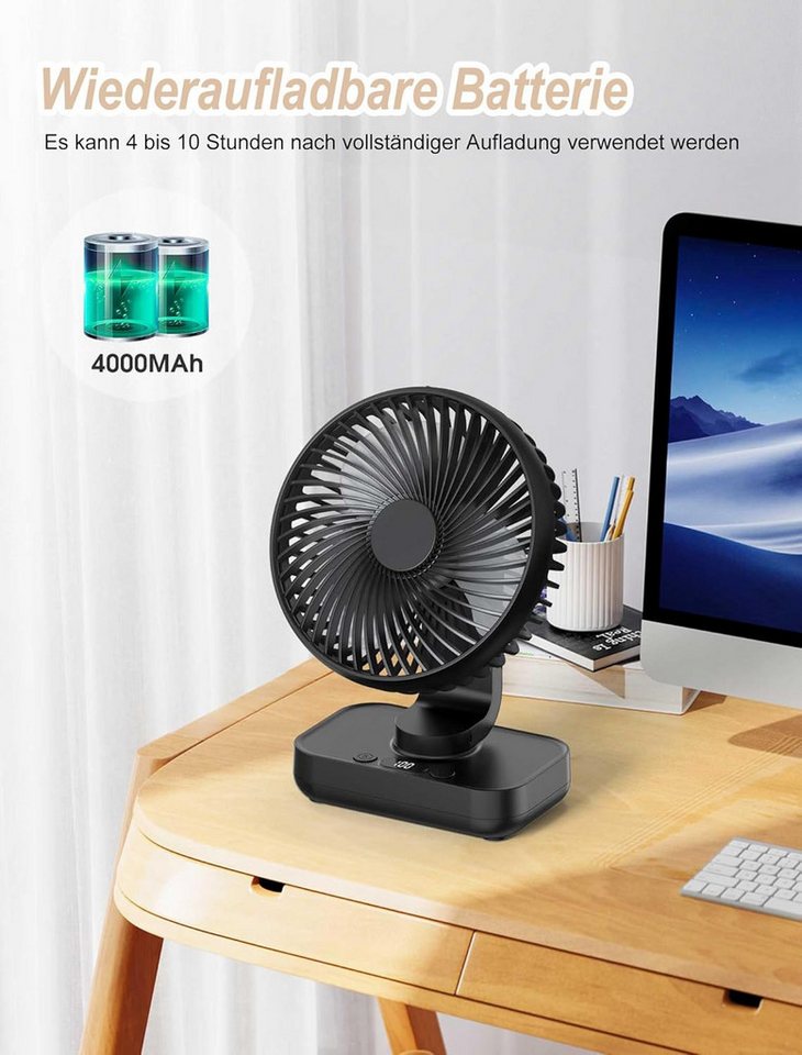 FELIXLEO Akku-Ventilator Tischventilator Leise USB Akku 4000mAh Oszillierend 4 Stufen