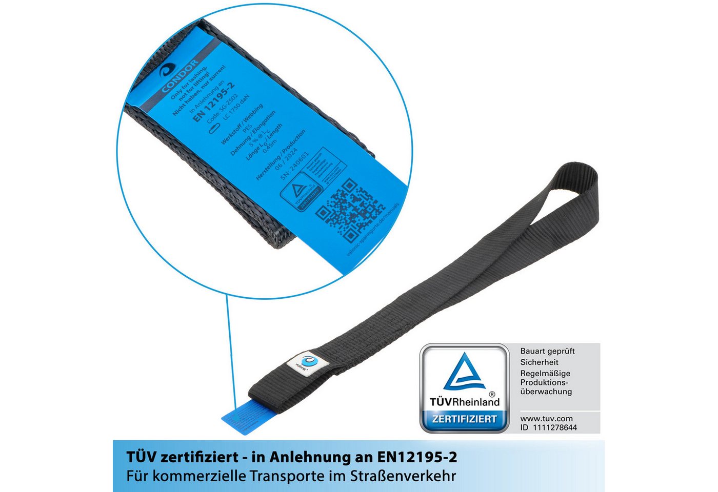 valonic Spanngurt valonic CONDOR Zurrschlaufen 1750 kg 2 x 45cm Motorrad Quad ATV (2er Set, 2er Pack Zurrschlaufen 45cm, 1750Kg) extra starke Rundschlingen, Bandschlingen, Doppelschlaufen Bild 3