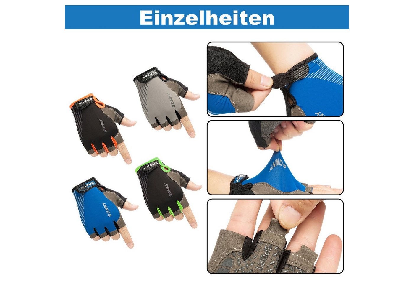 BTTO Hsch. Fahrradhandschuhe Fingerlose Handschuhe Eisseide, Silikon Rutschfeste Fahrradhandschuhe mit Klettverschluss für Motorrad Camping Wandern Bergsteigen Bild 2