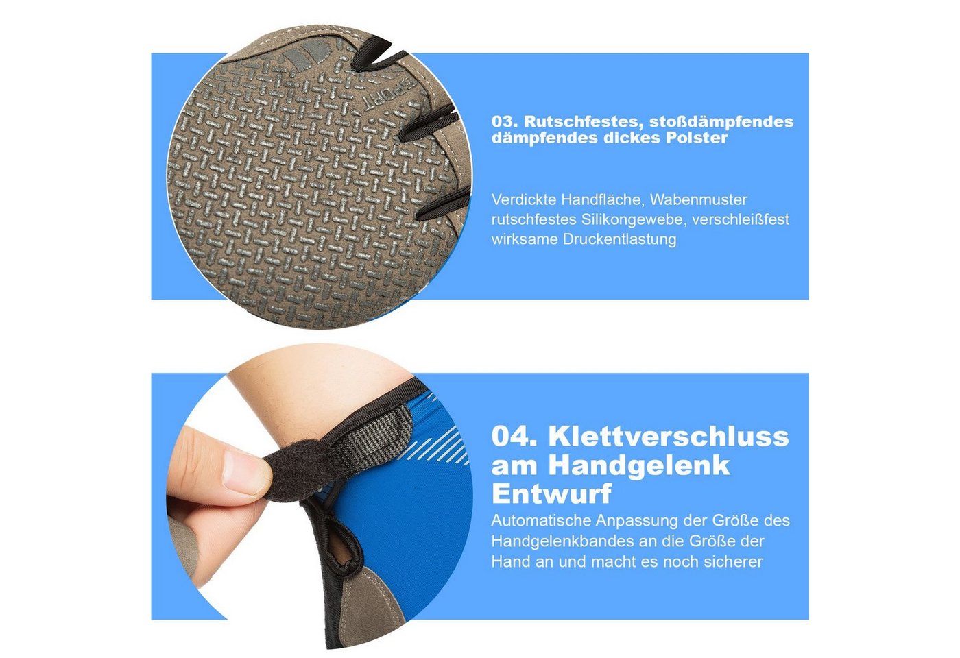 BTTO Hsch. Fahrradhandschuhe Fingerlose Handschuhe Eisseide, Silikon Rutschfeste Fahrradhandschuhe mit Klettverschluss für Motorrad Camping Wandern Bergsteigen Bild 4
