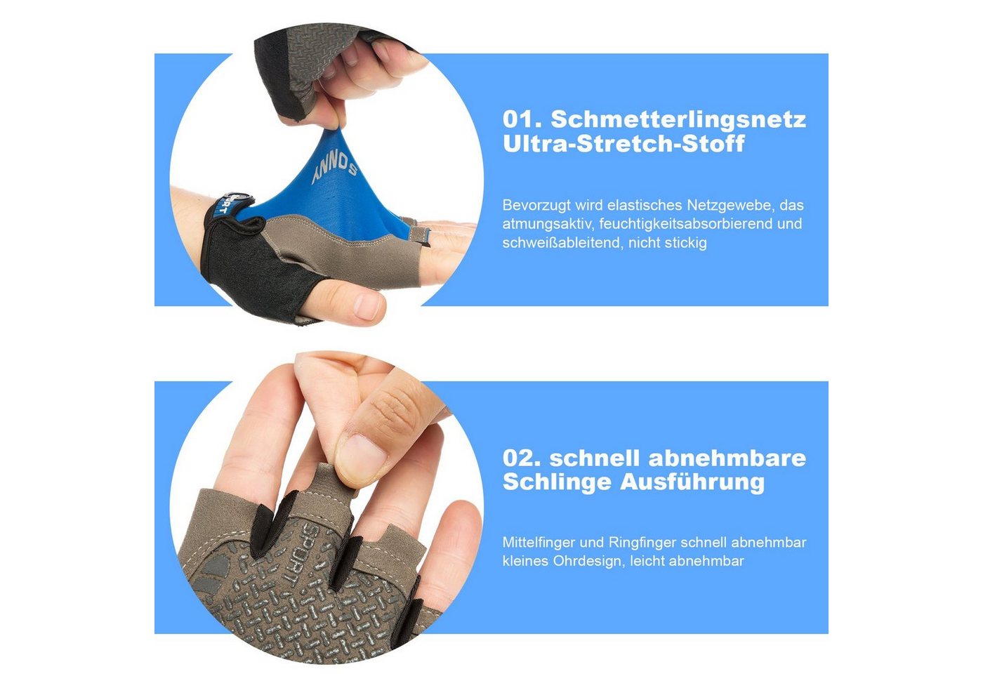 BTTO Hsch. Fahrradhandschuhe Fingerlose Handschuhe Eisseide, Silikon Rutschfeste Fahrradhandschuhe mit Klettverschluss für Motorrad Camping Wandern Bergsteigen Bild 5