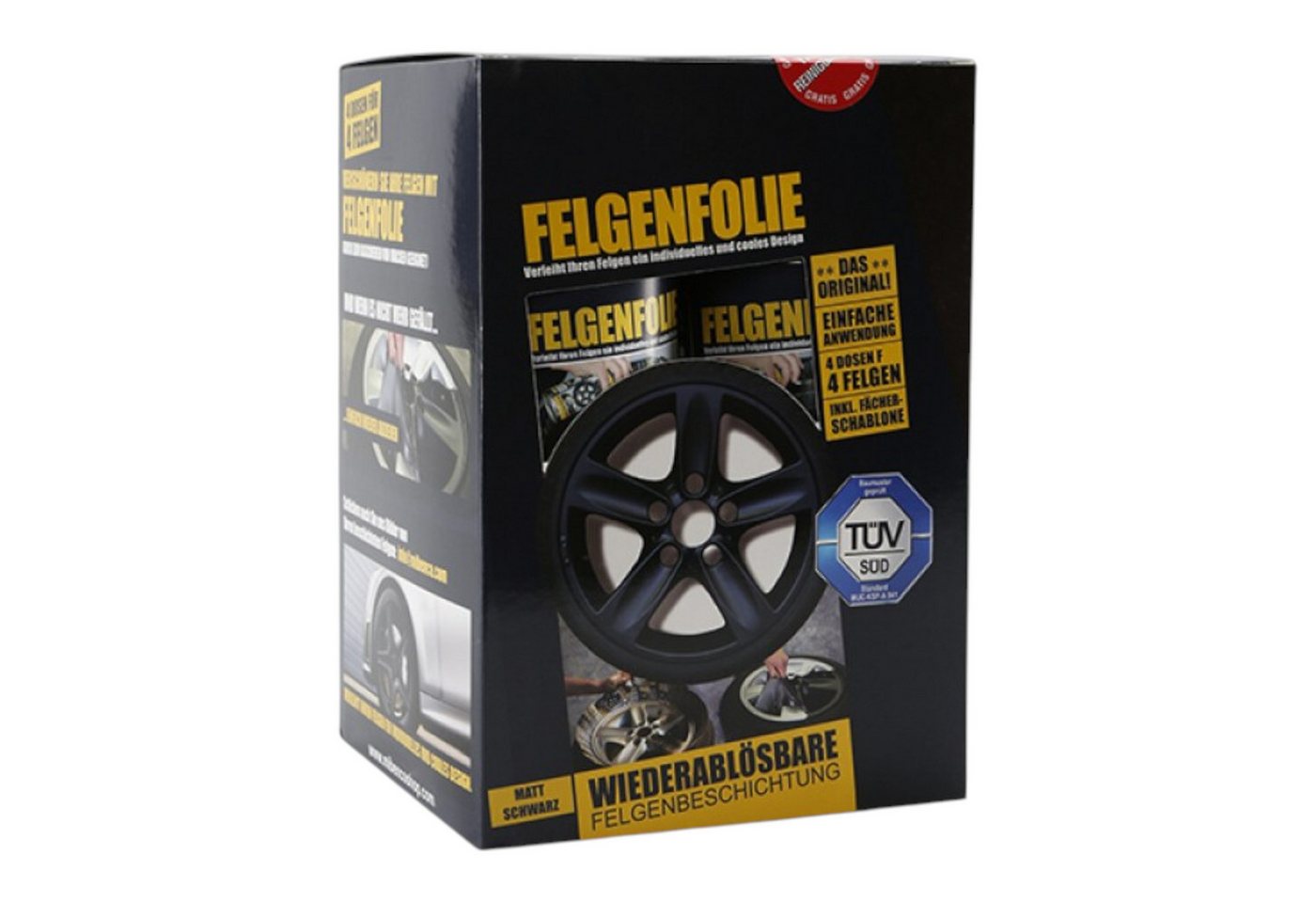 mibenco Felgenaufkleber mibenco Felgenfolie-Set 4×400 ml Schwarz Matt – Sprühfolie für Felgen