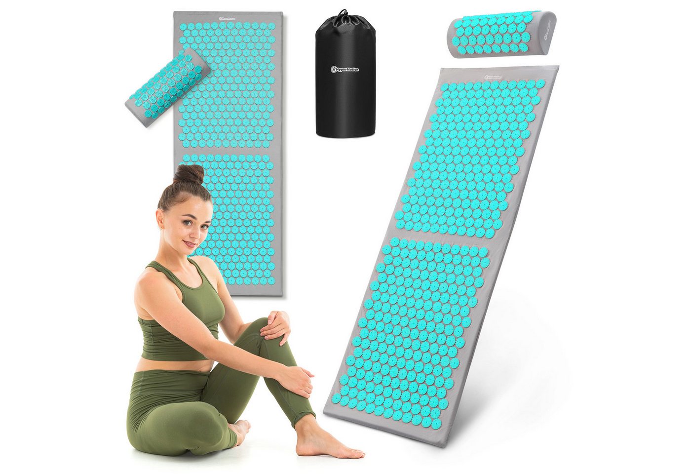 HyperMotion Akupressurmatte XL Akupressurmatte 130 cm mit Kissen & Tasche – grau-mint Bild 3