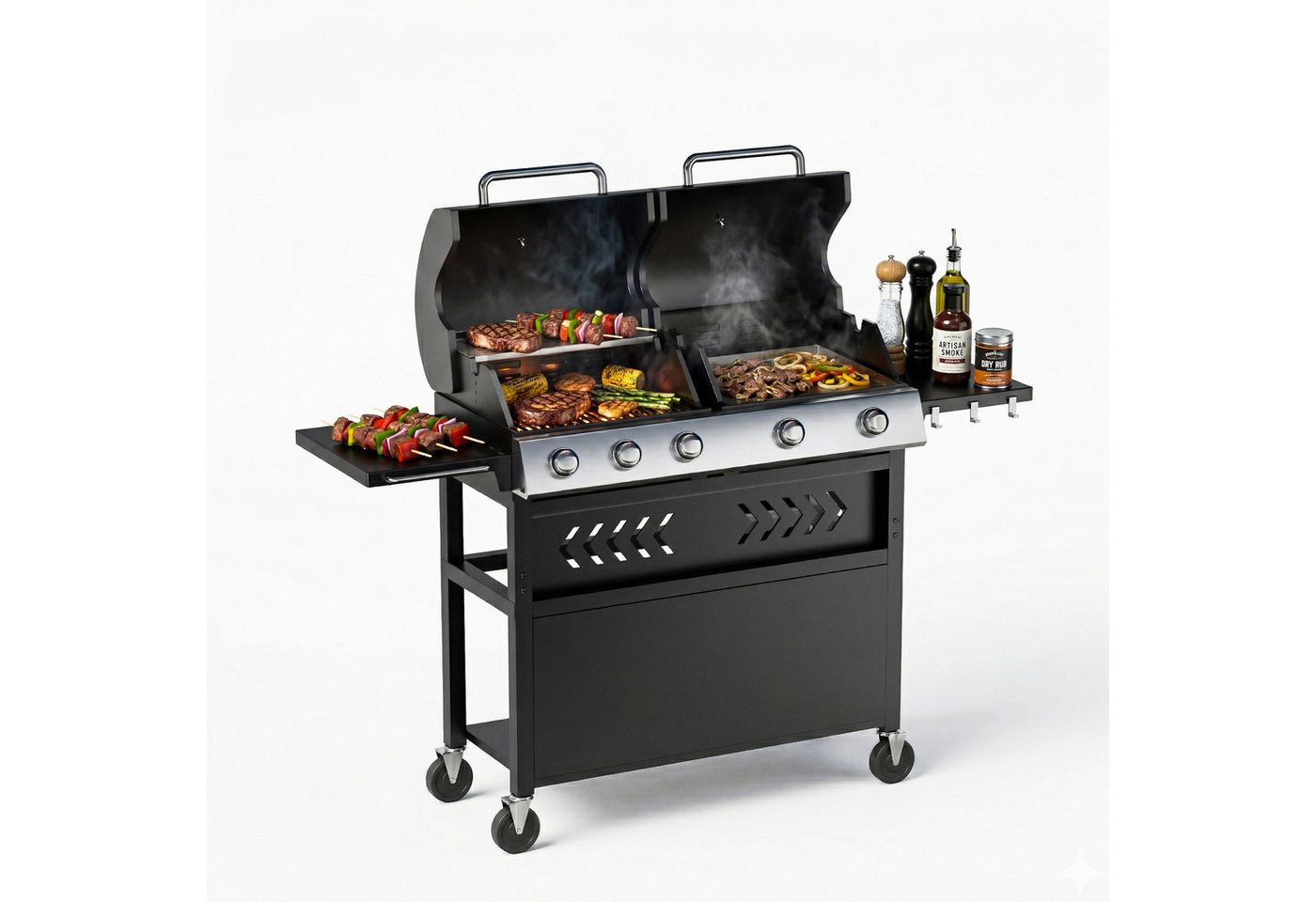 GarveeMore Standgrill 5 Brenner Gasgrill mit Grillplatte, BBQ Grill & Griddle Kombination, Doppeldeckel Gasgrill mit 40.000 BTU Bild 2
