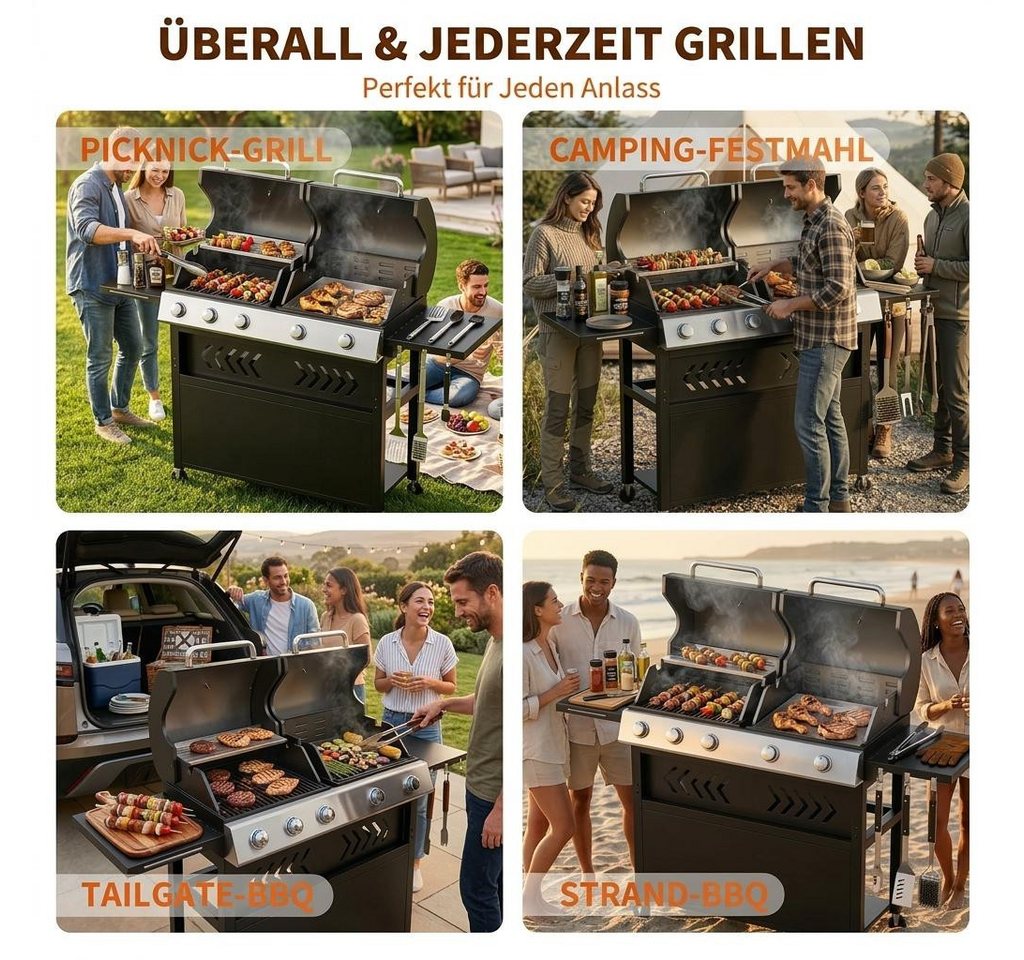 GarveeMore Standgrill 5 Brenner Gasgrill mit Grillplatte, BBQ Grill & Griddle Kombination, Doppeldeckel Gasgrill mit 40.000 BTU Bild 5