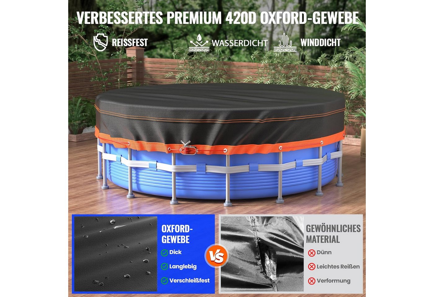 FELIXLEO Pool-Abdeckplane Poolabdeckung Rund 376 cm Wasserdicht Oxford mit Kordelzug